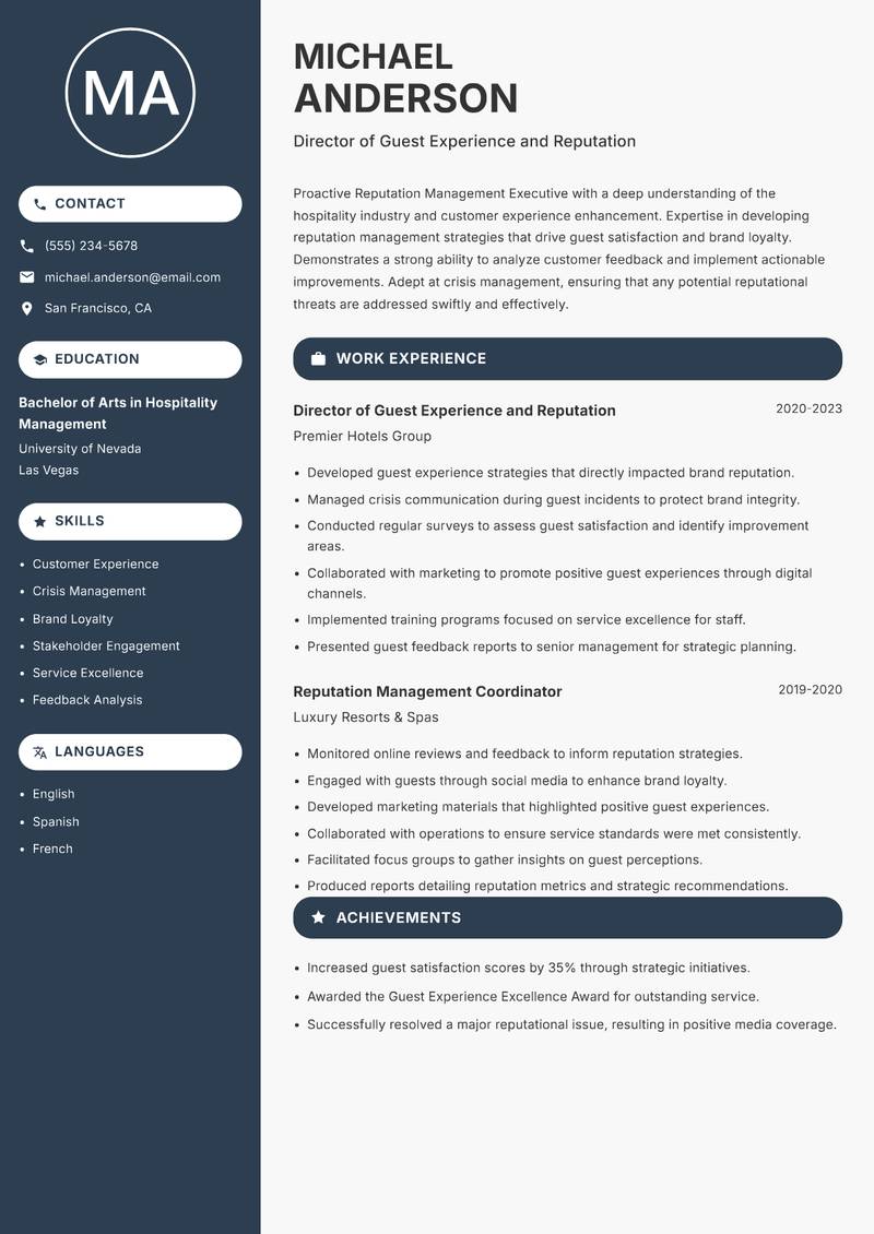 Reputation Management Executive Resume Preview Example