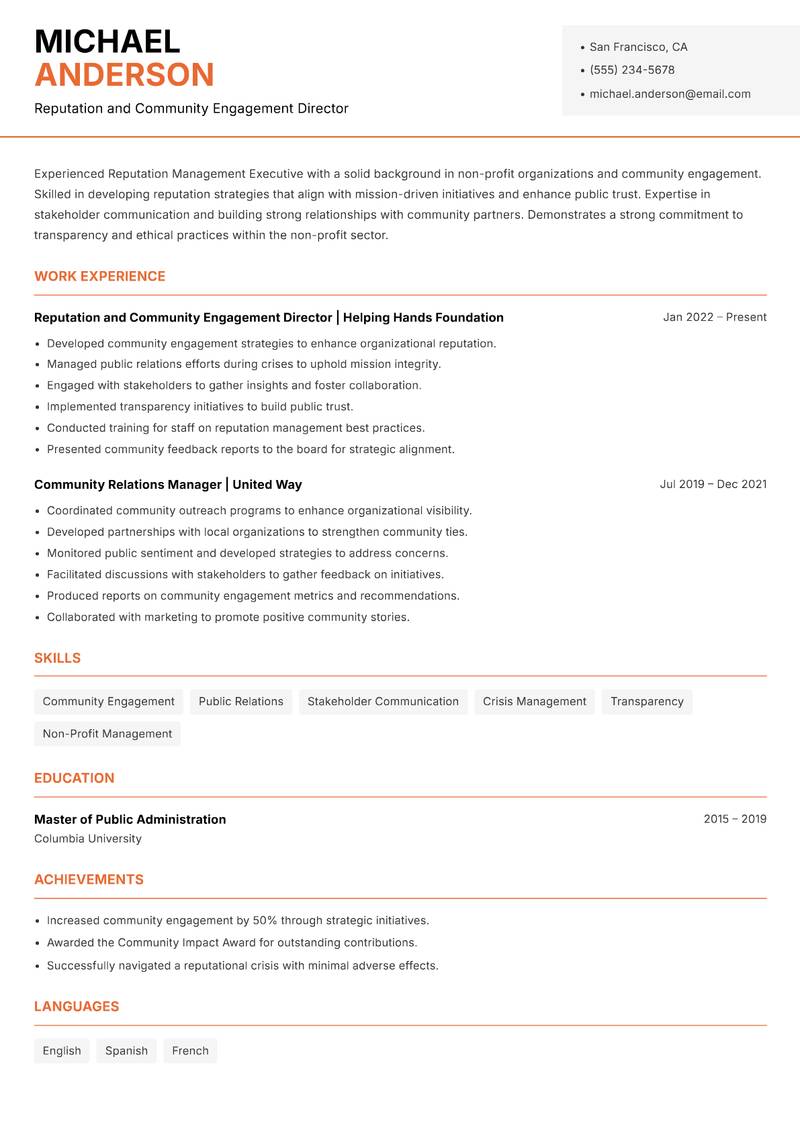 Reputation Management Executive Resume Template