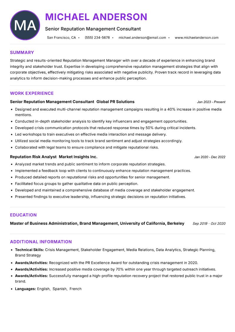 Reputation Management Manager Resume Preview Example