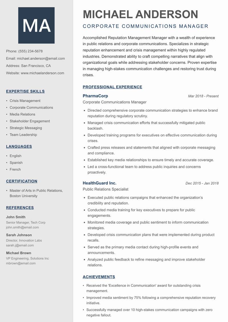 Reputation Management Manager Resume Preview Example