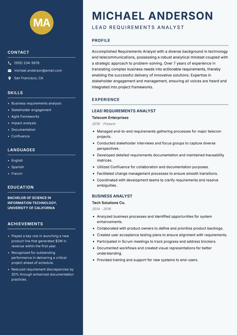 Requirements Analyst Resume Preview Example