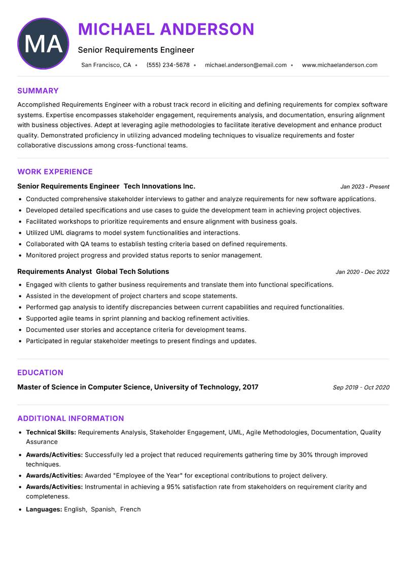 Requirements Engineer Resume Preview Example