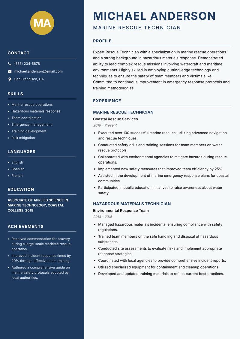 Rescue Technician Resume Preview Example