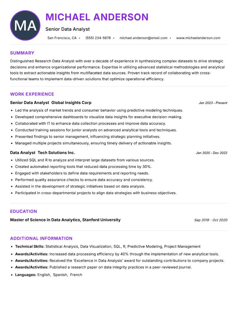 Research Data Analyst Resume Preview Example