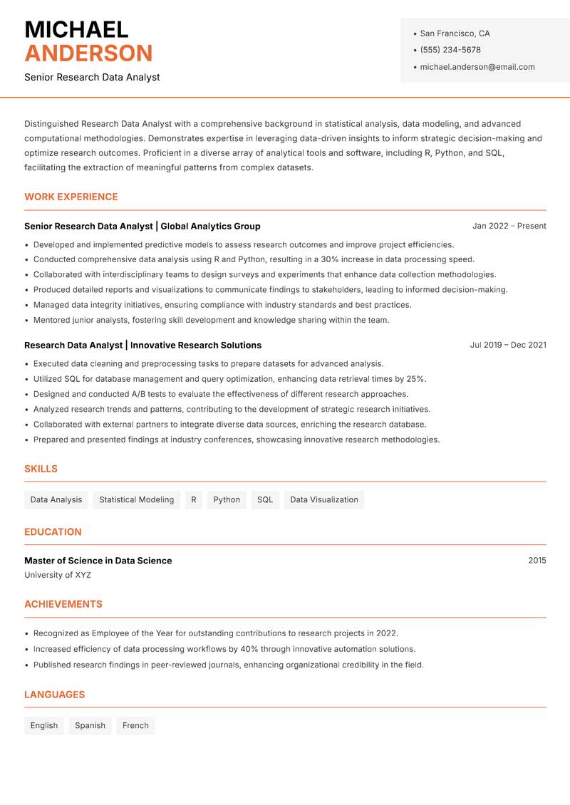 Research Data Analyst Resume Template