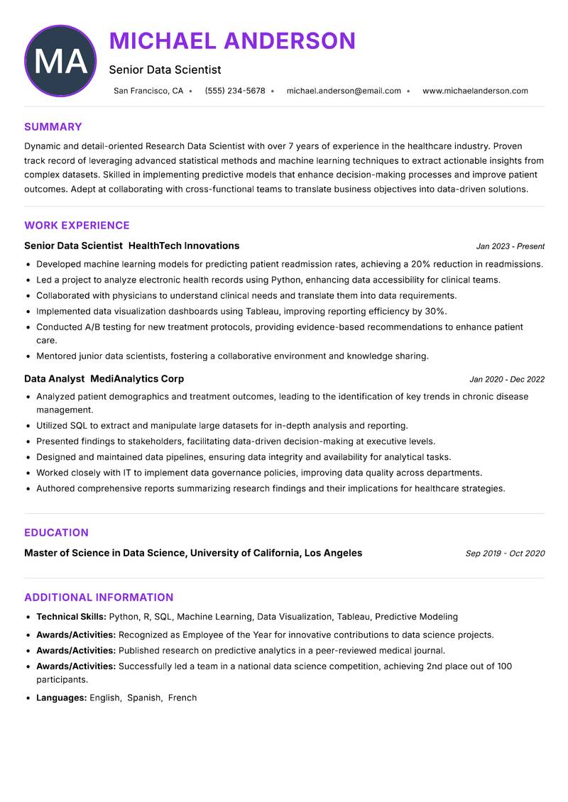 Research Data Scientist Resume Preview Example