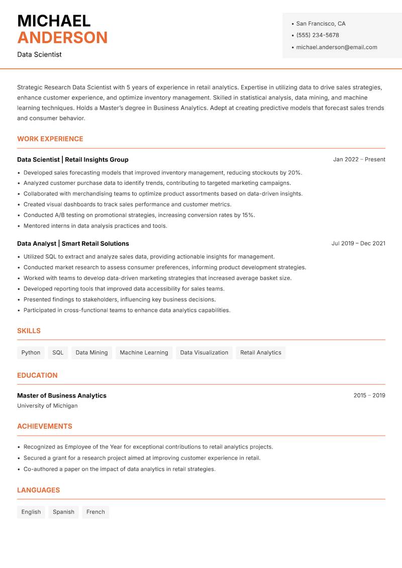 Research Data Scientist Resume Template