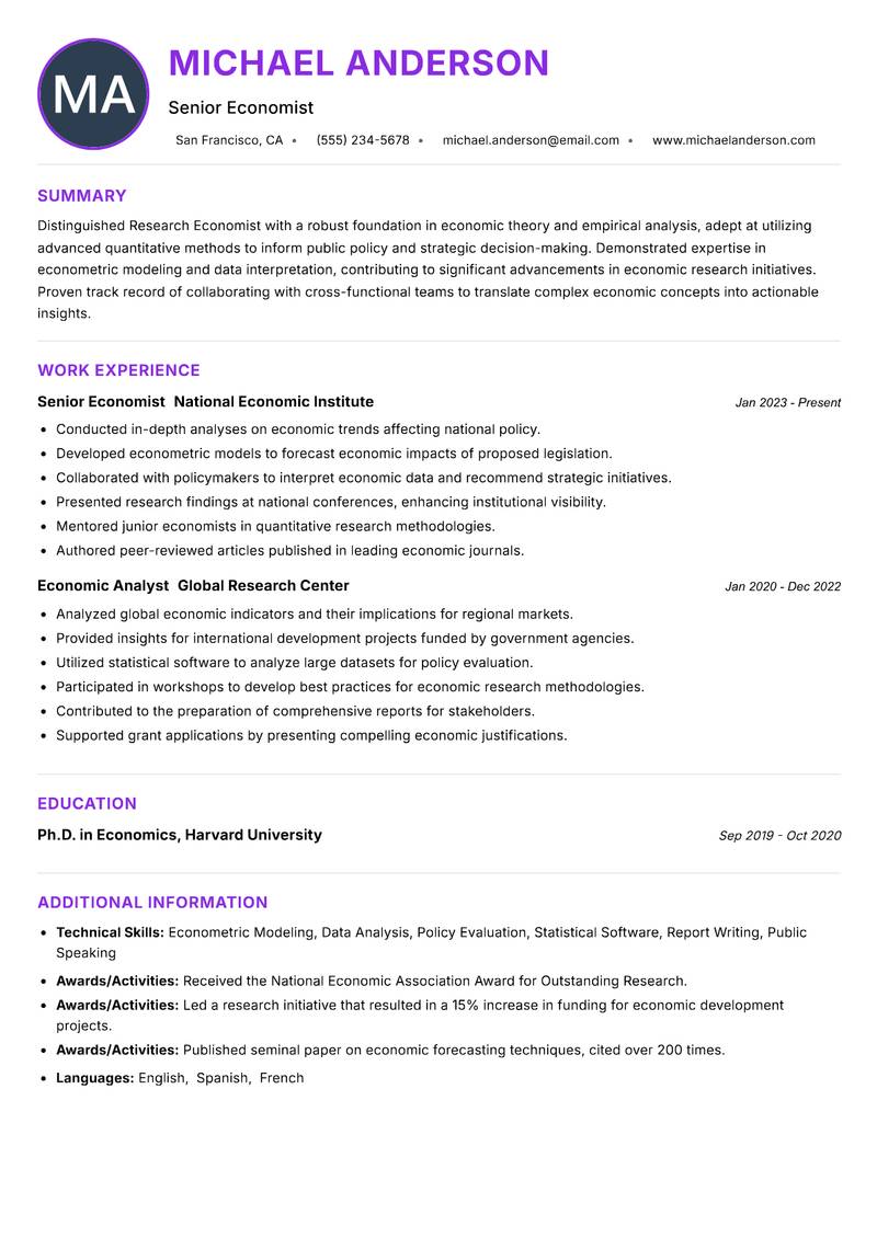 Research Economist Resume Preview Example