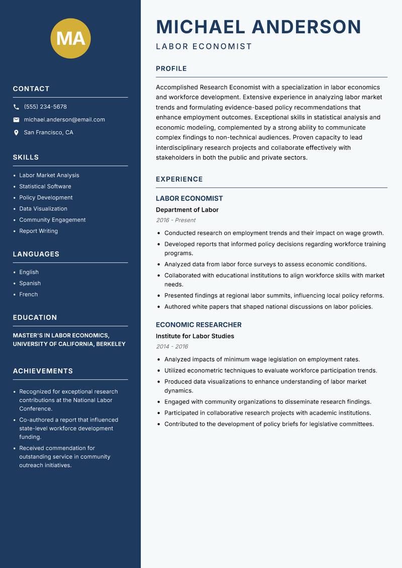 Research Economist Resume Preview Example