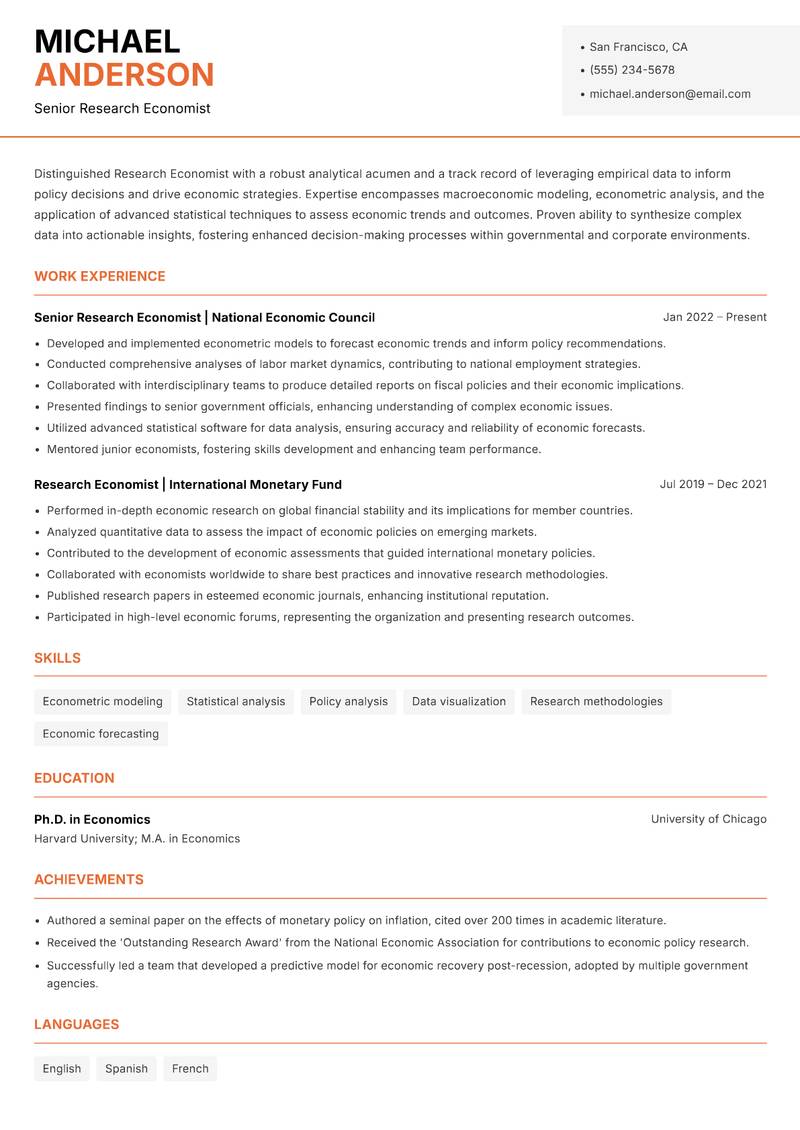 Research Economist Resume Template