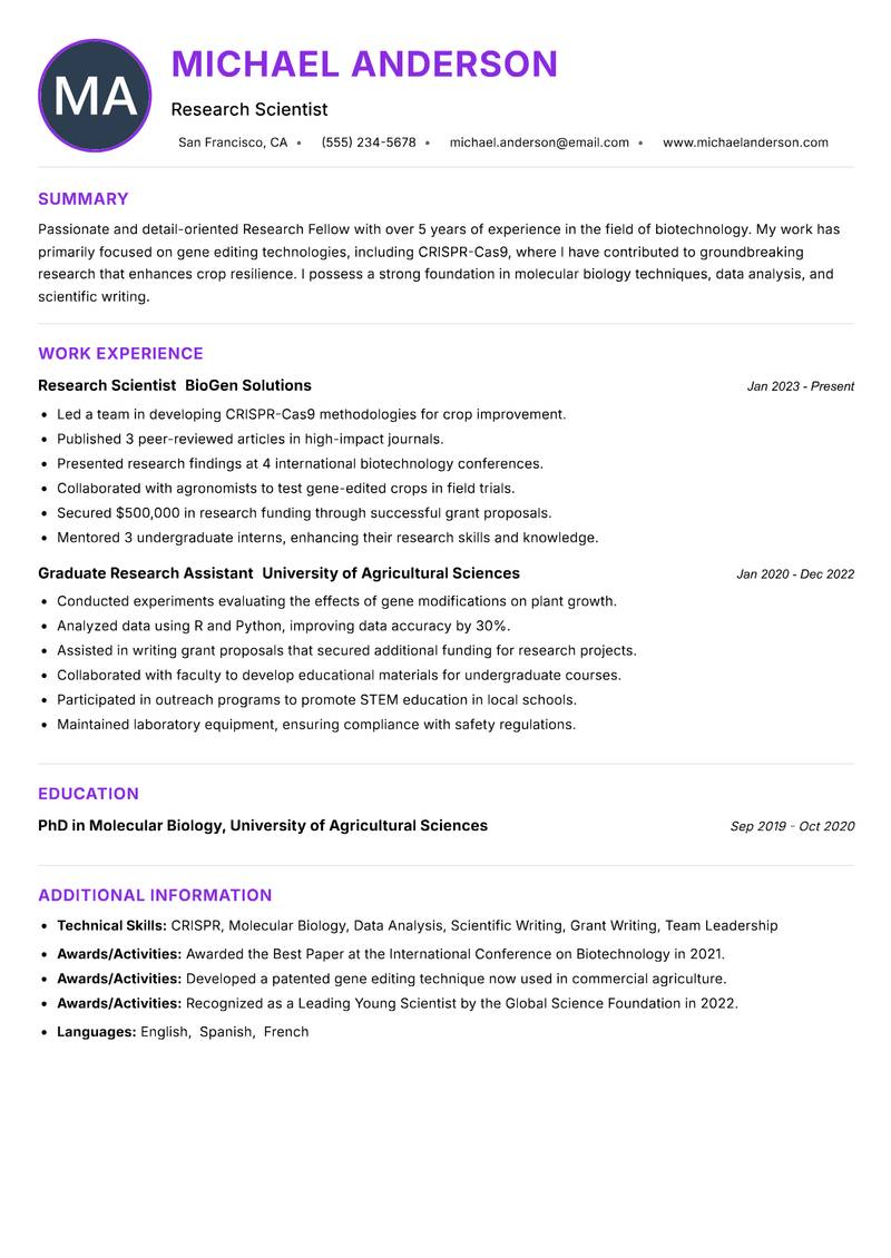 Research Fellow Resume Preview Example