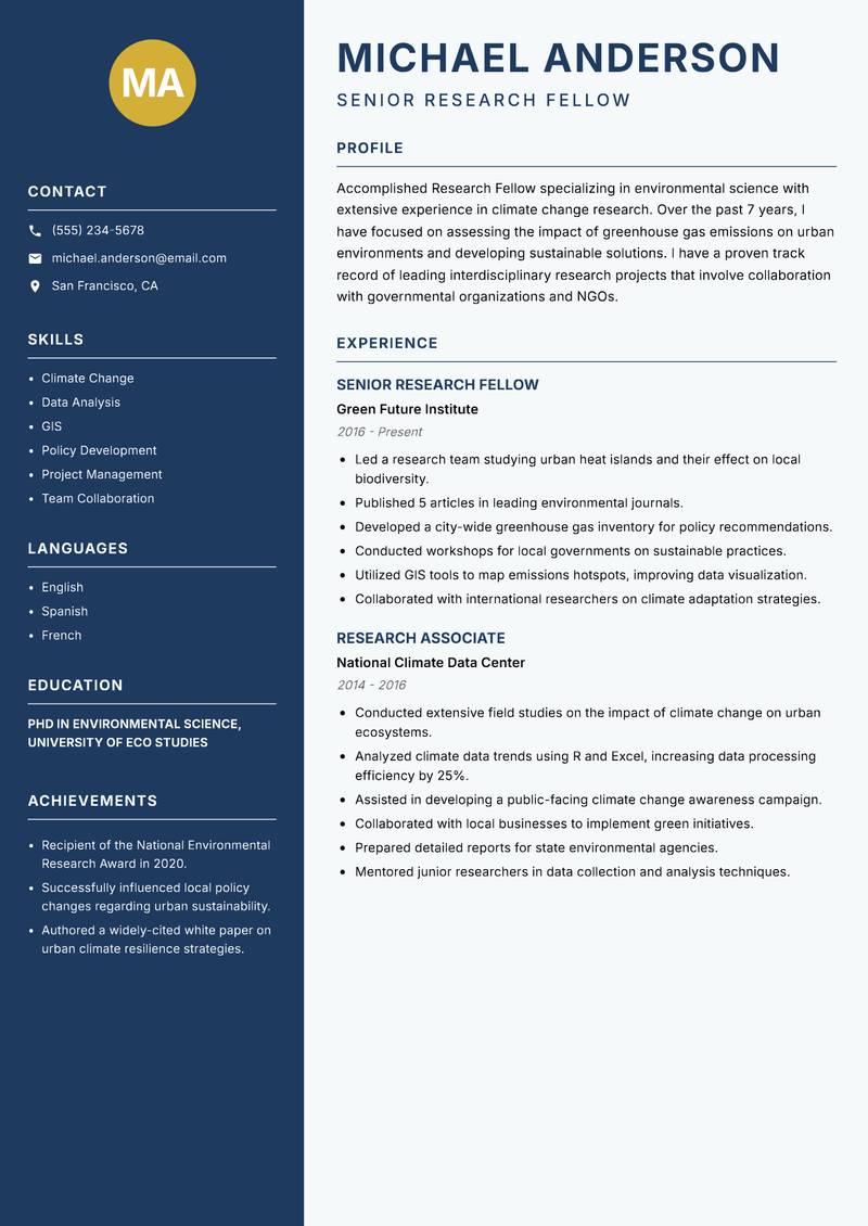Research Fellow Resume Preview Example