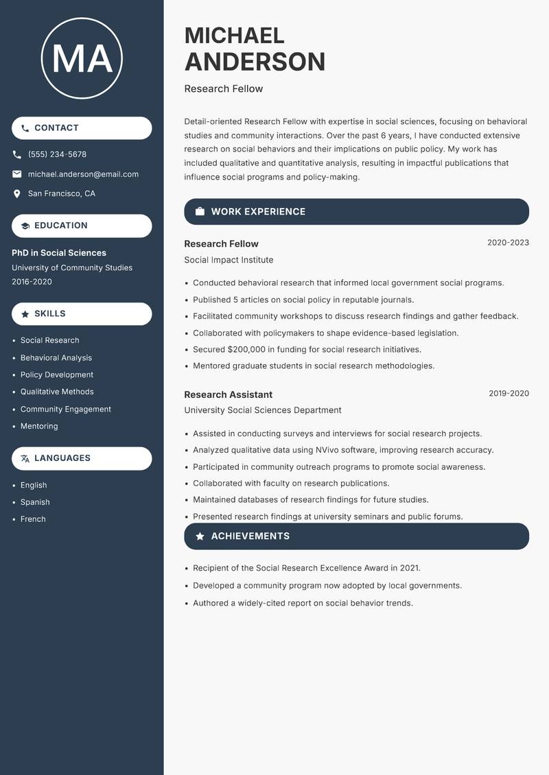 Research Fellow Resume Preview Example