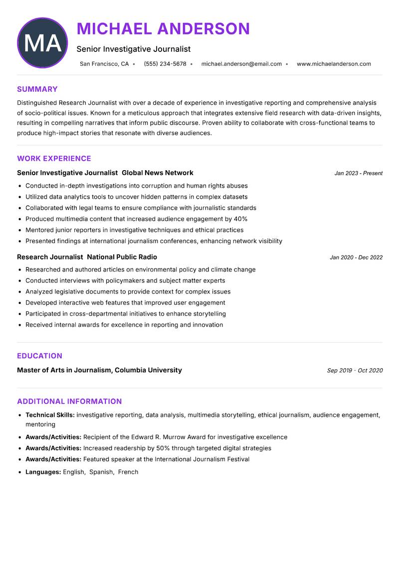 Research Journalist Resume Preview Example