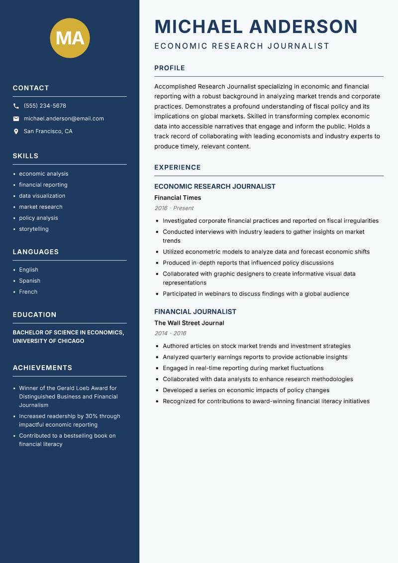 Research Journalist Resume Preview Example