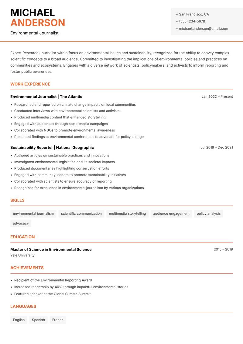 Research Journalist Resume Template
