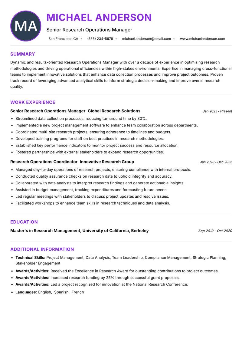 Research Operations Manager Resume Preview Example