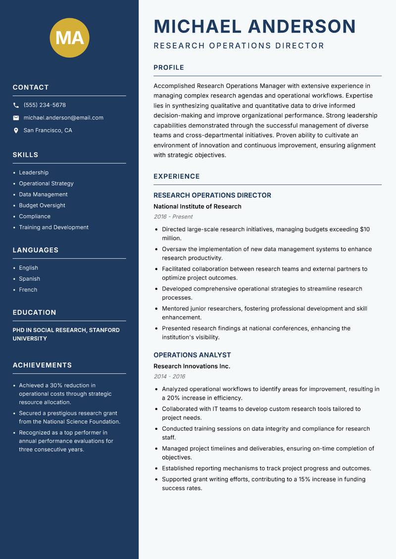 Research Operations Manager Resume Preview Example