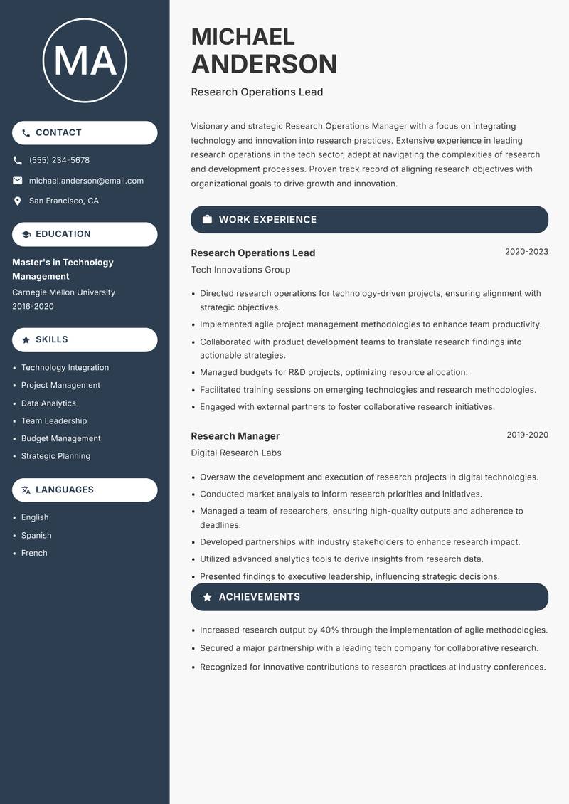 Research Operations Manager Resume Preview Example