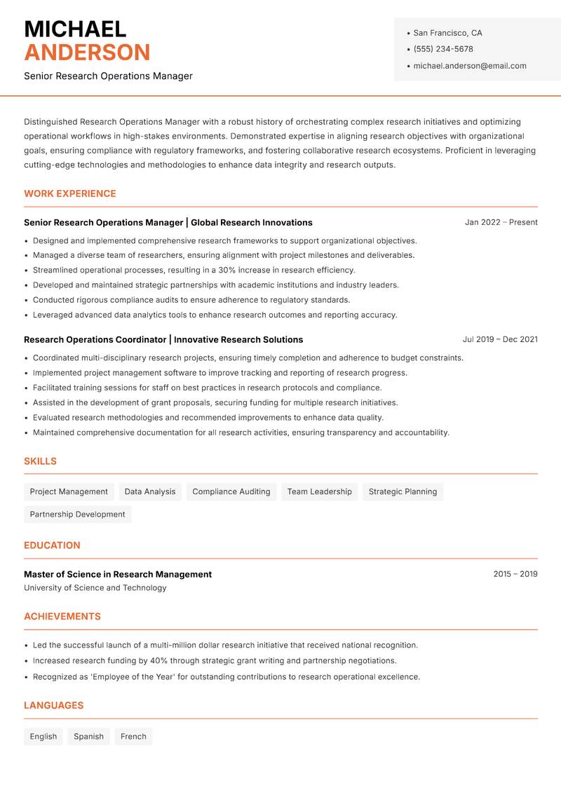 Research Operations Manager Resume Template