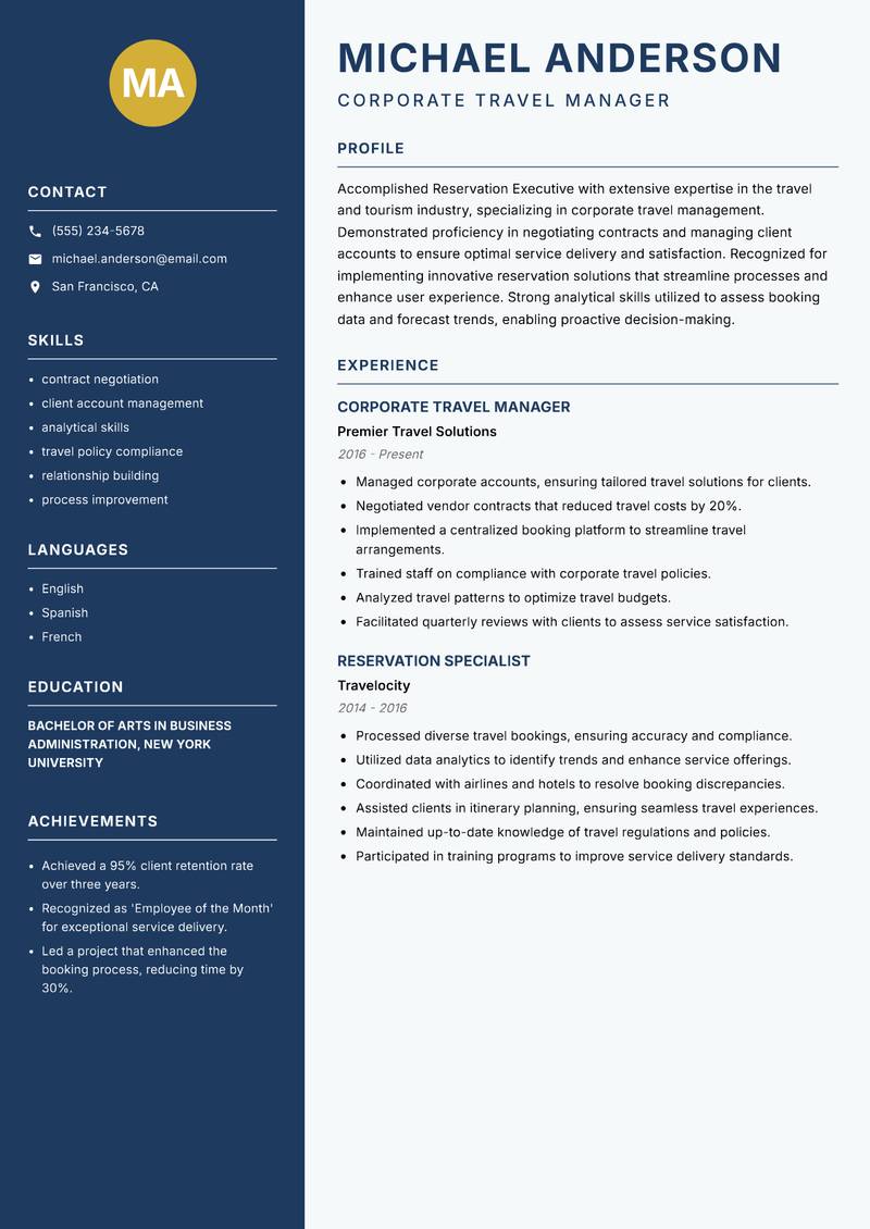 Reservation Executive Resume Preview Example