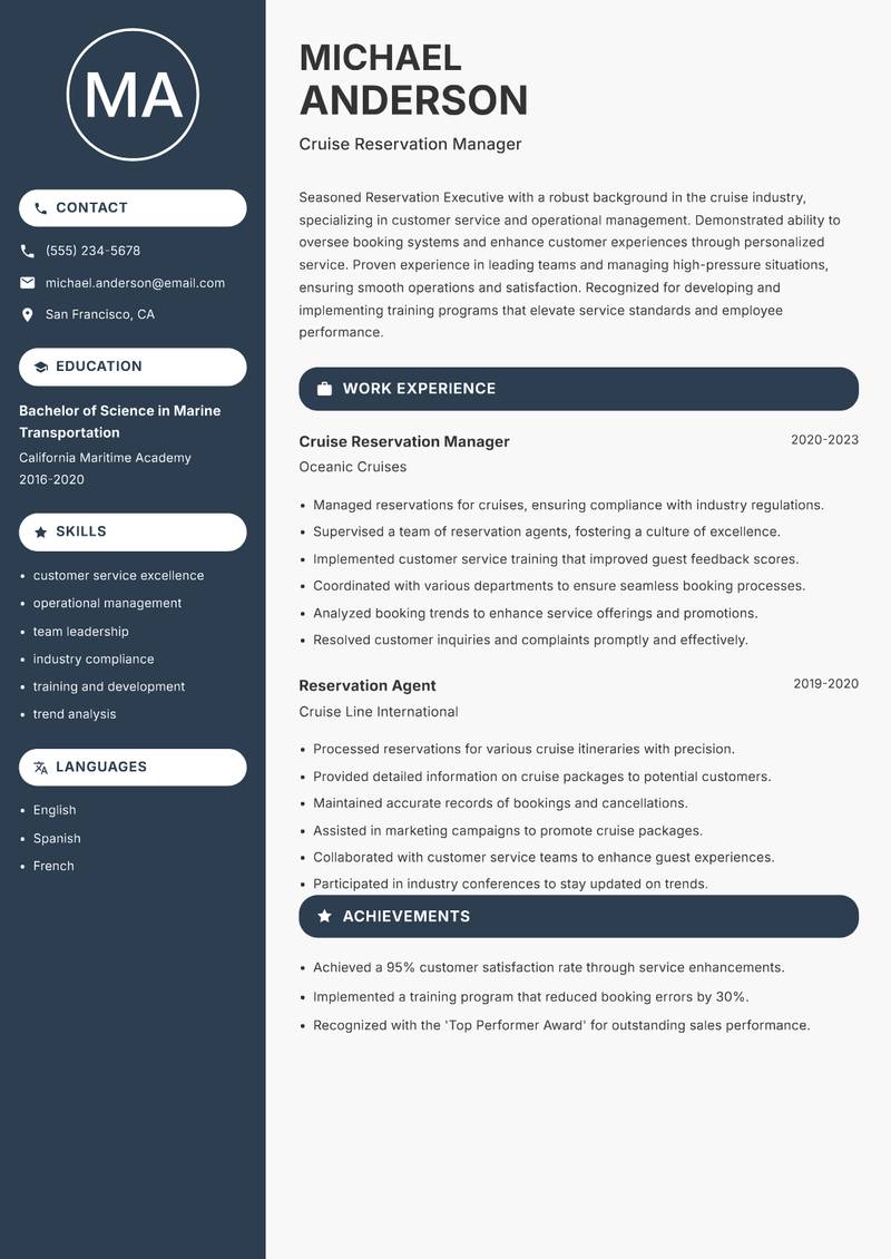 Reservation Executive Resume Preview Example