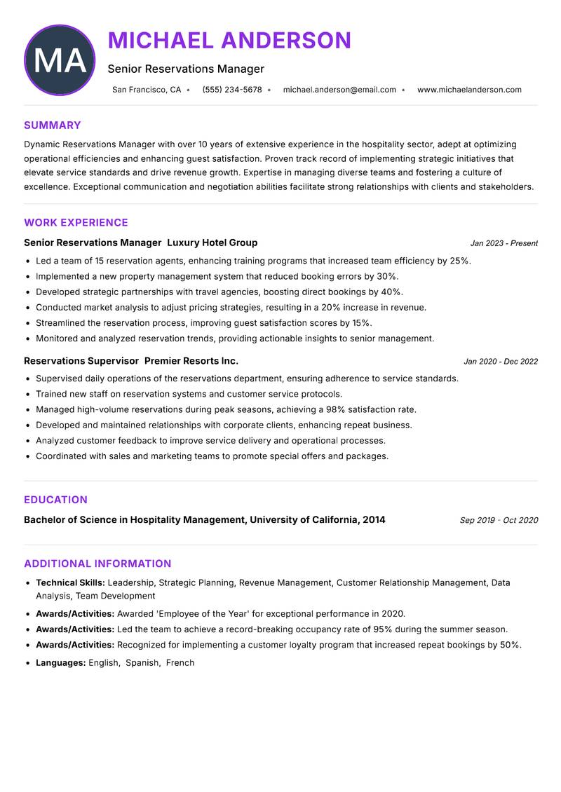 Reservations Manager Resume Preview Example