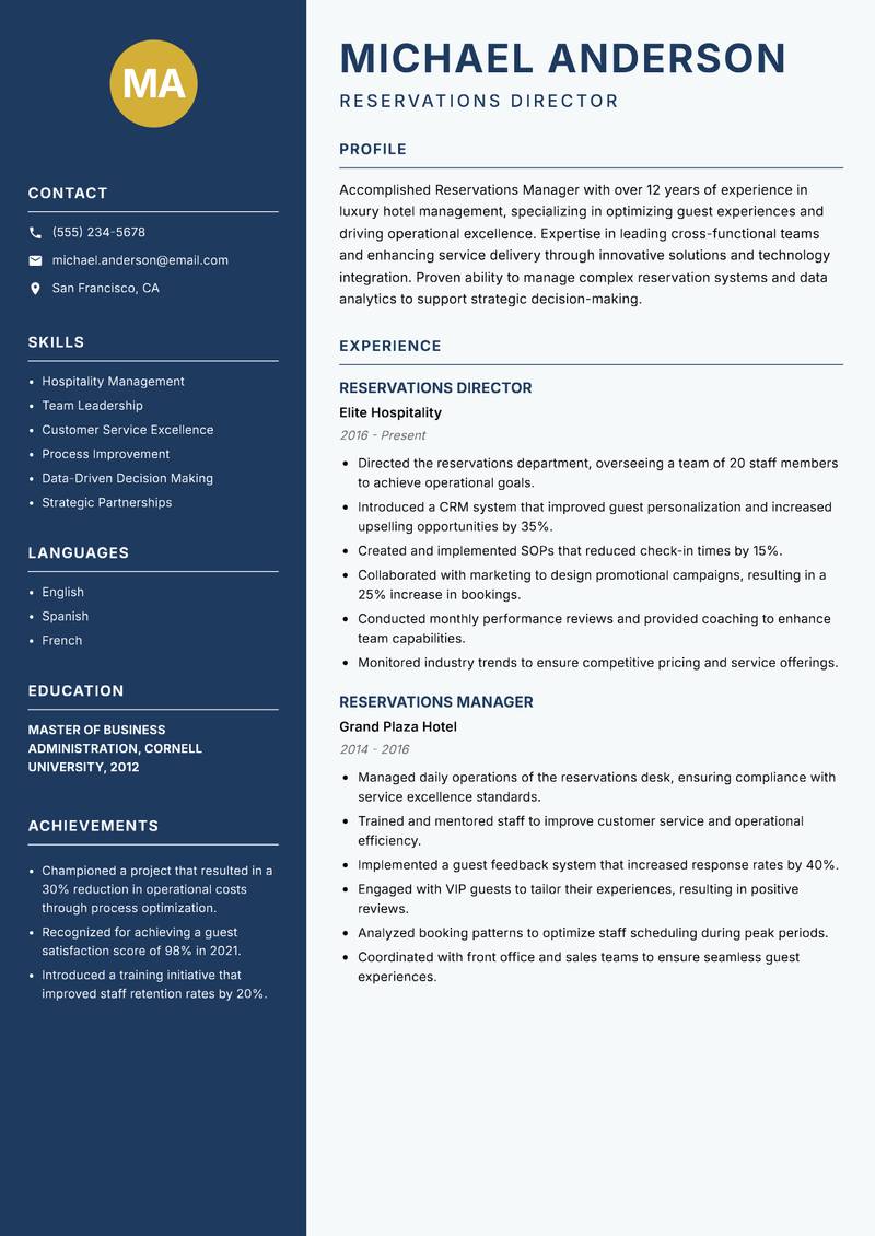 Reservations Manager Resume Preview Example