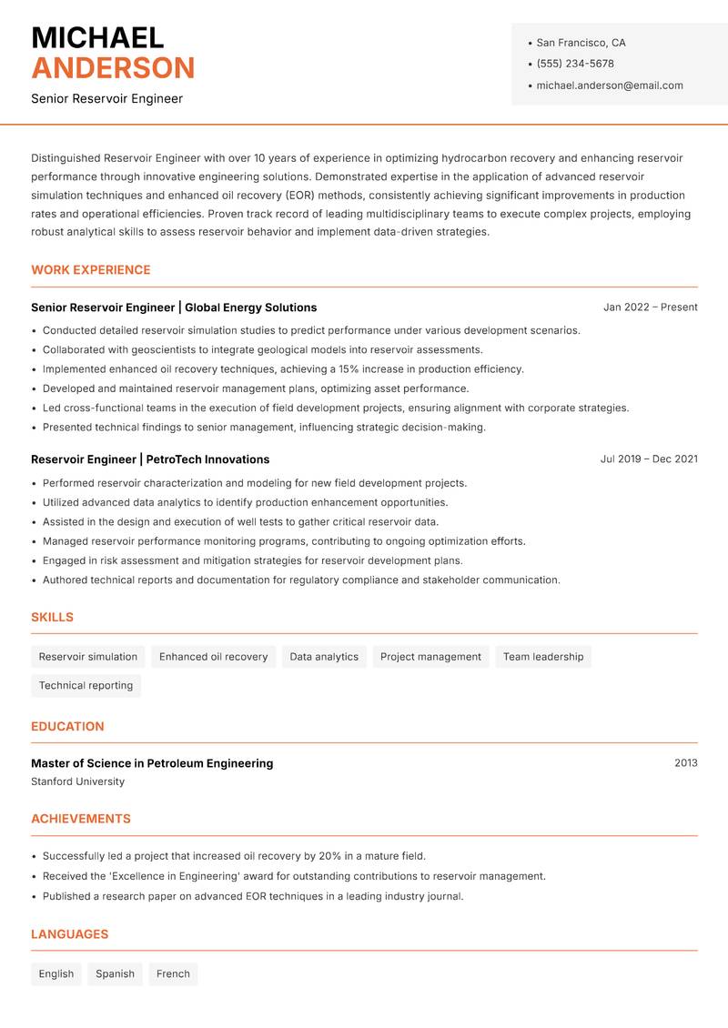 Reservoir Engineer Resume Template