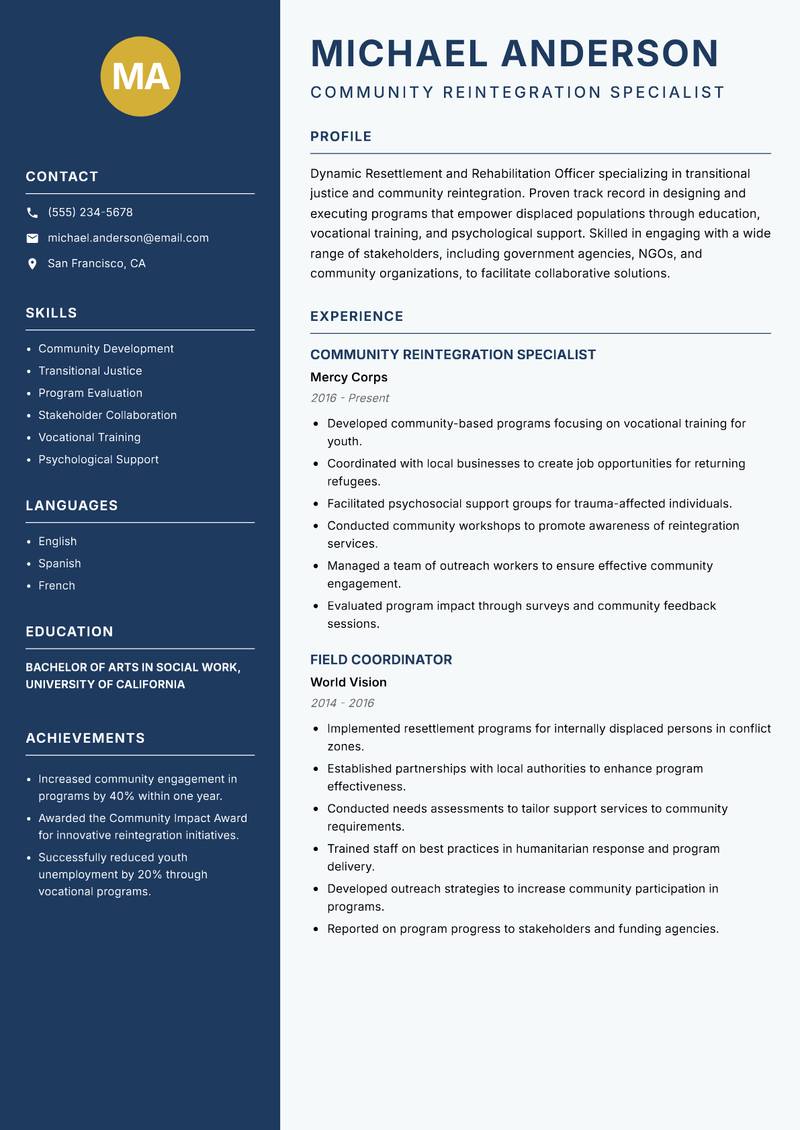 Resettlement and Rehabilitation Officer Resume Preview Example