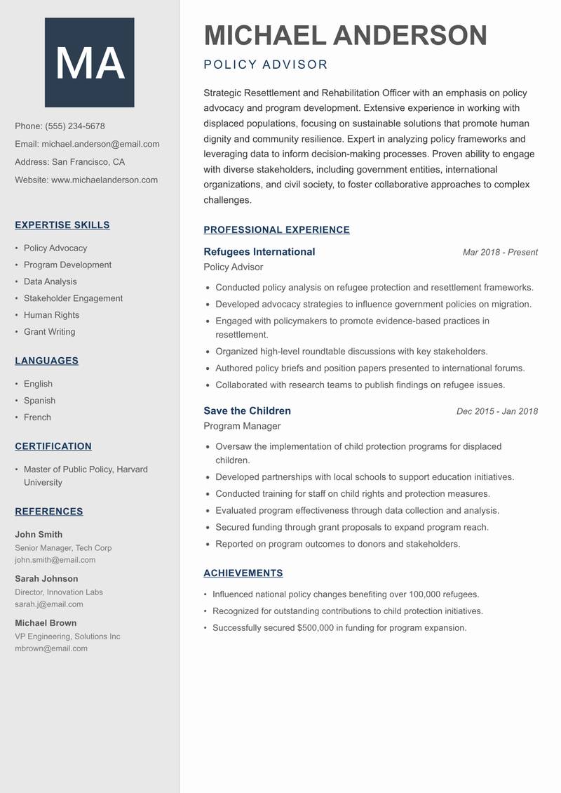 Resettlement and Rehabilitation Officer Resume Preview Example