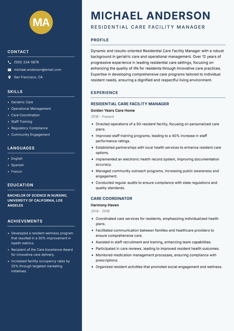 Residential Care Facility Manager Resume Preview Example
