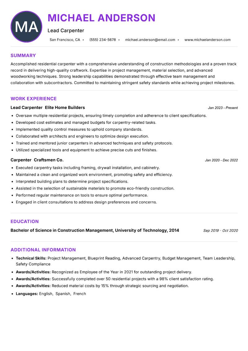 Residential Carpenter Resume Preview Example