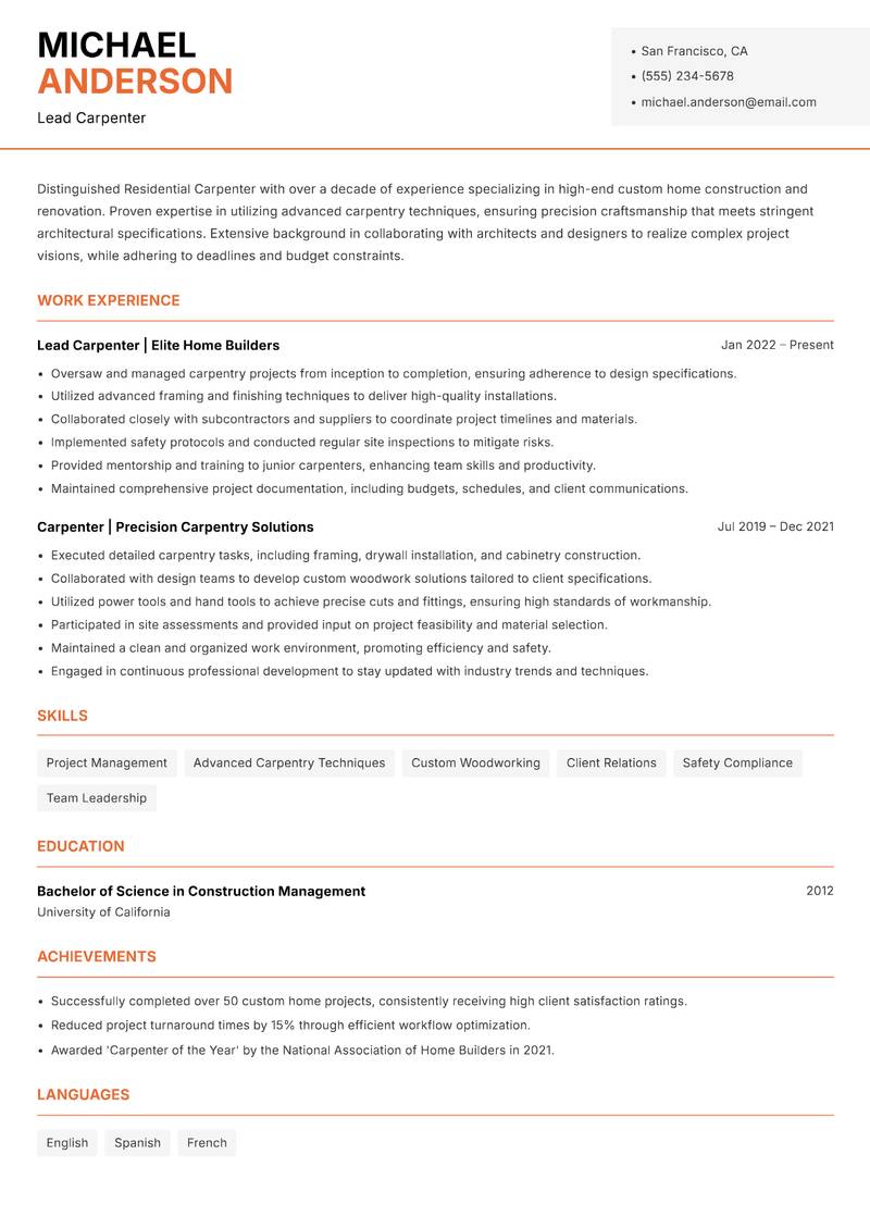 Residential Carpenter Resume Template