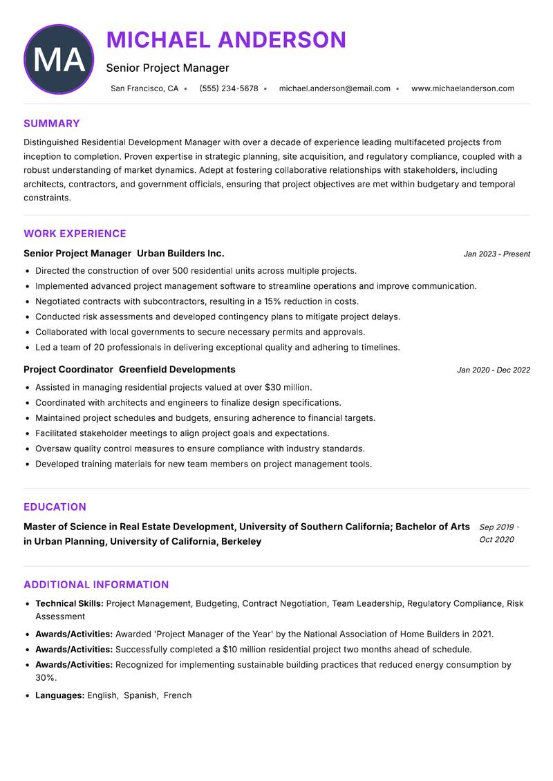 Residential Development Manager Resume Preview Example