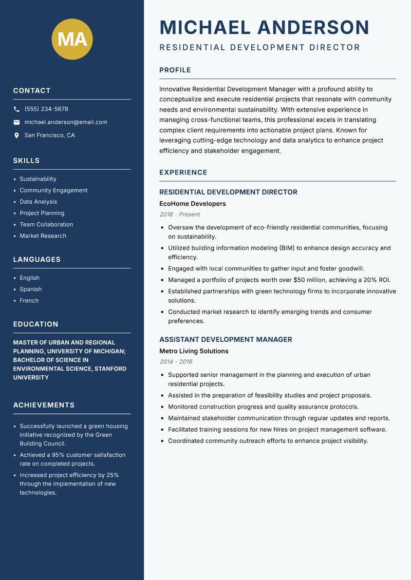 Residential Development Manager Resume Preview Example