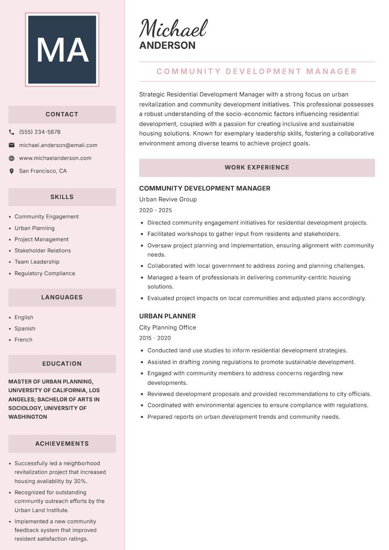 Residential Development Manager Resume Preview Example