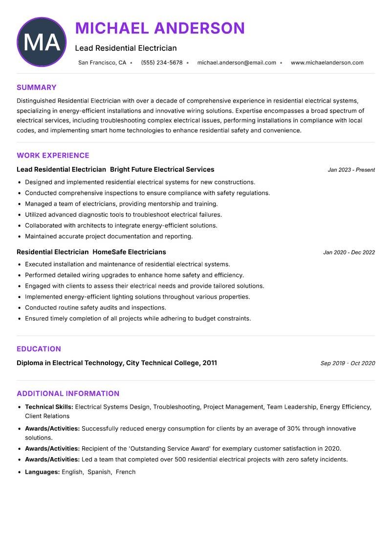 Residential Electrician Resume Preview Example