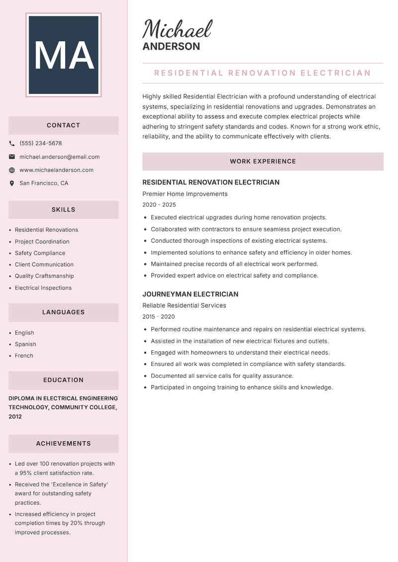Residential Electrician Resume Preview Example