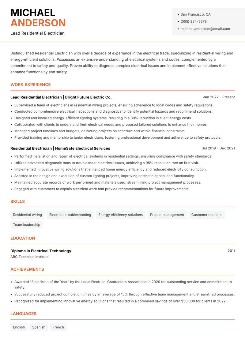 Residential Electrician Resume Template
