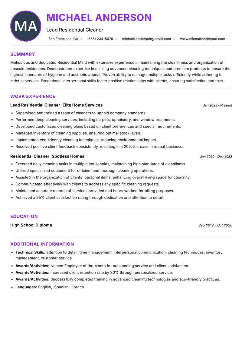 Residential Maid Resume Preview Example