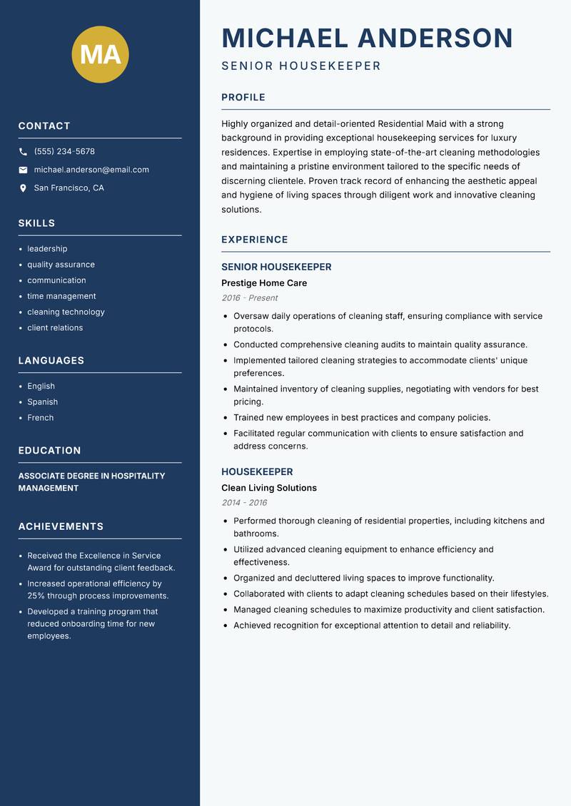Residential Maid Resume Preview Example