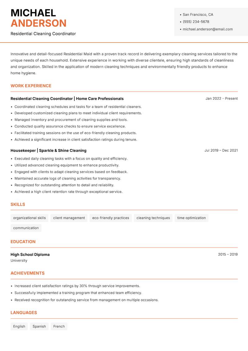 Residential Maid Resume Template