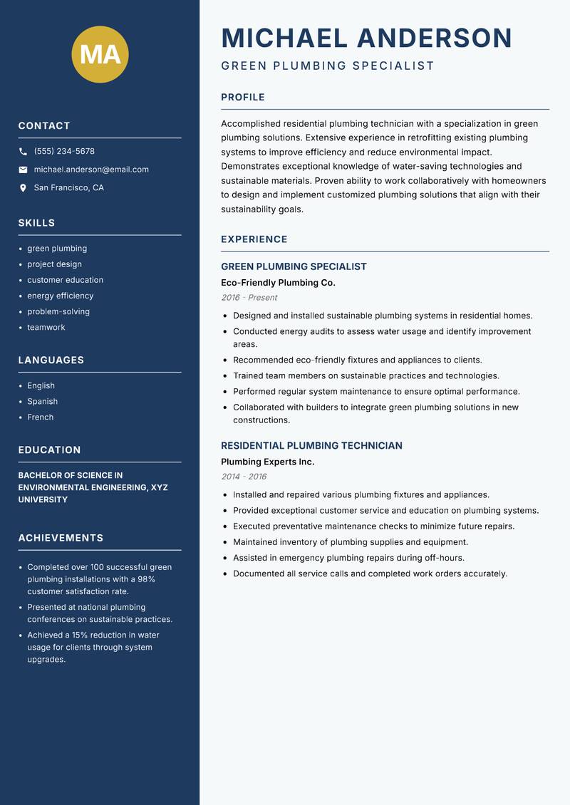 Residential Plumber Resume Preview Example