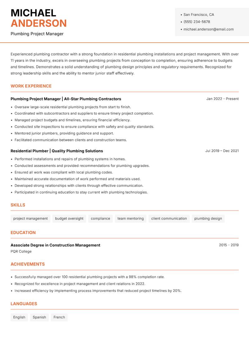 Residential Plumber Resume Template