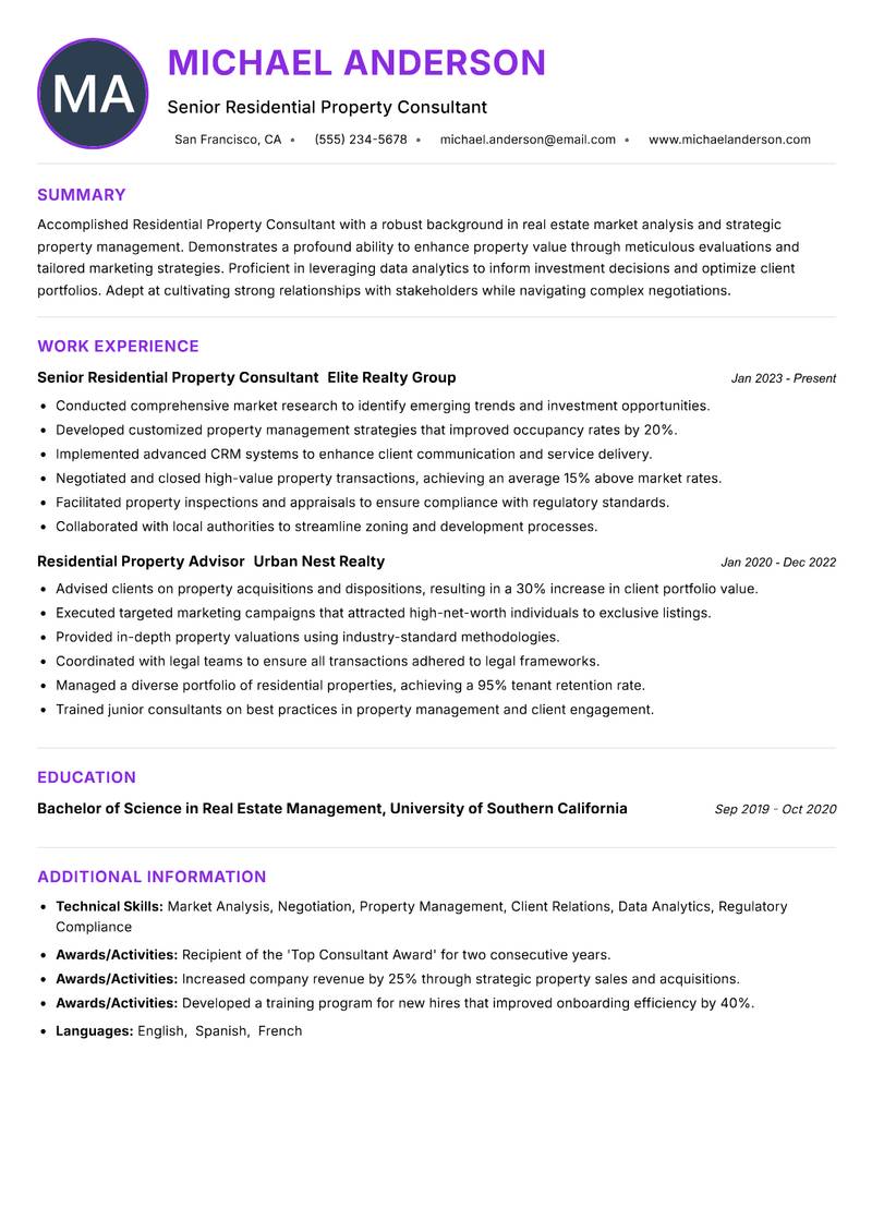 Residential Property Consultant Resume Preview Example