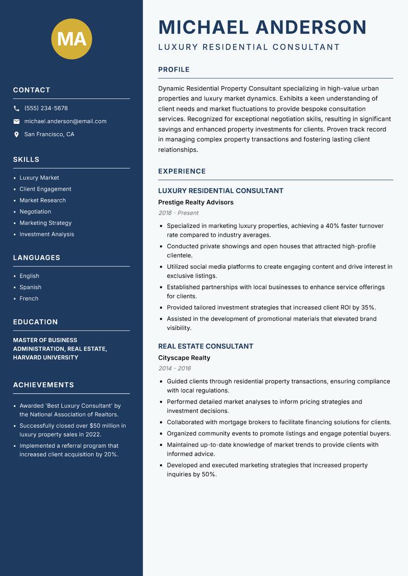 Residential Property Consultant Resume Preview Example
