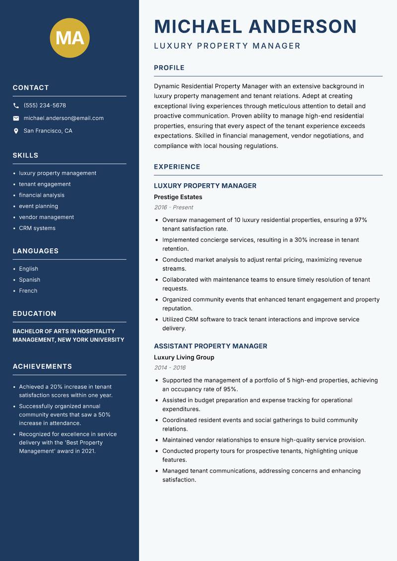 Residential Property Manager Resume Preview Example