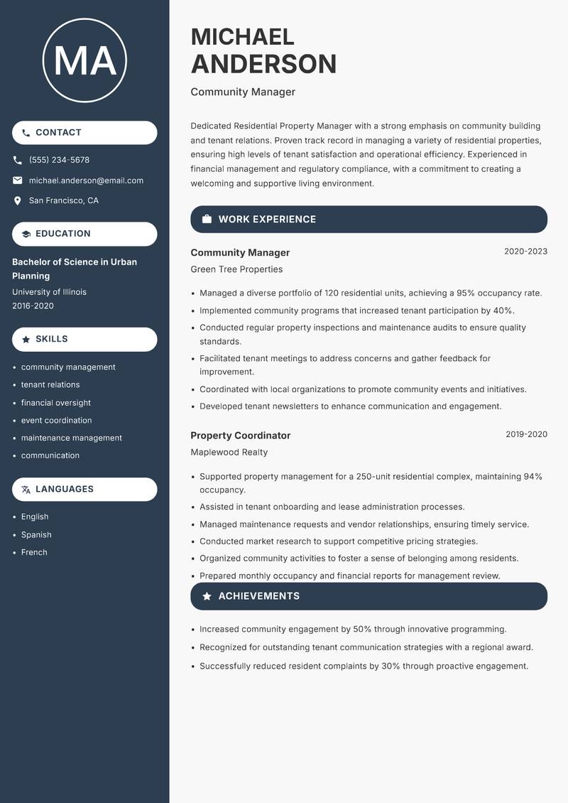 Residential Property Manager Resume Preview Example