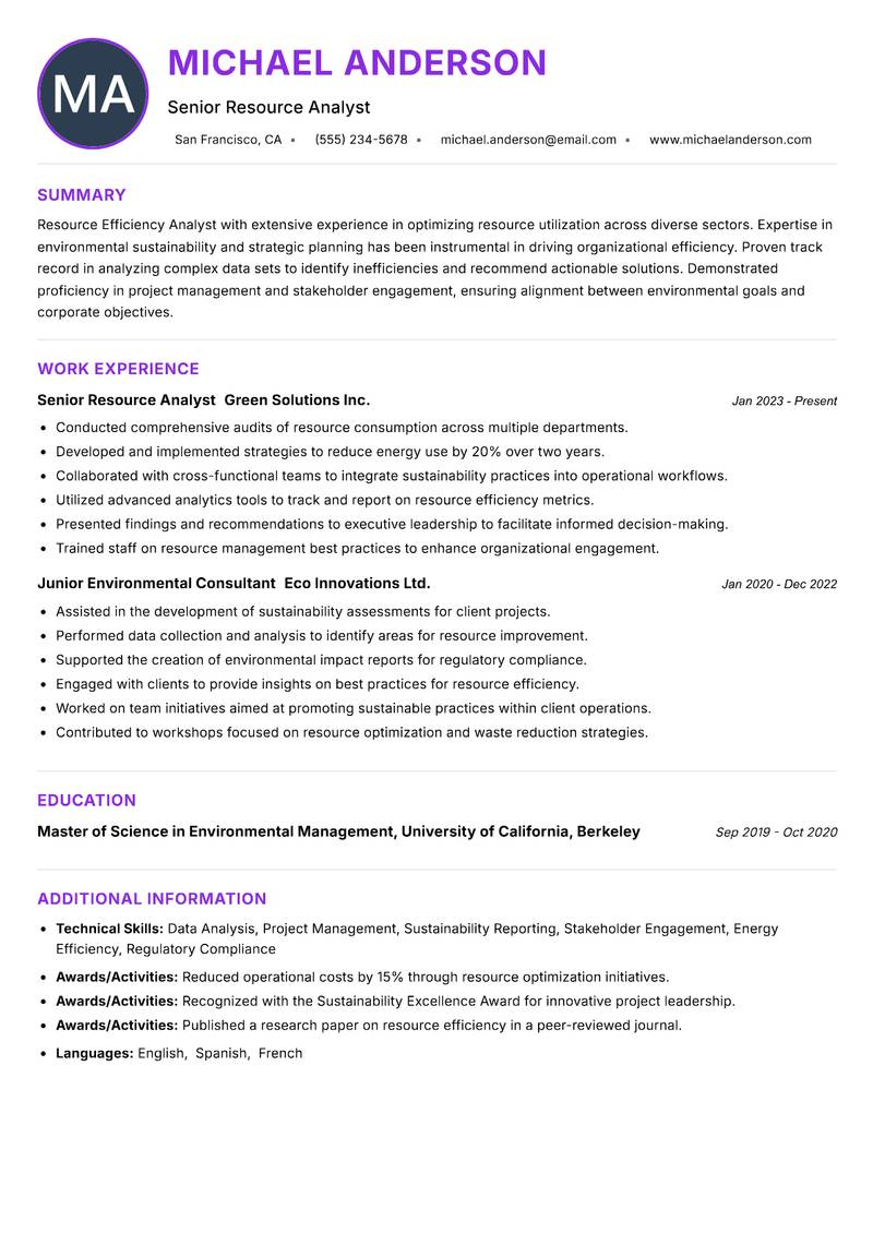 Resource Efficiency Analyst Resume Preview Example